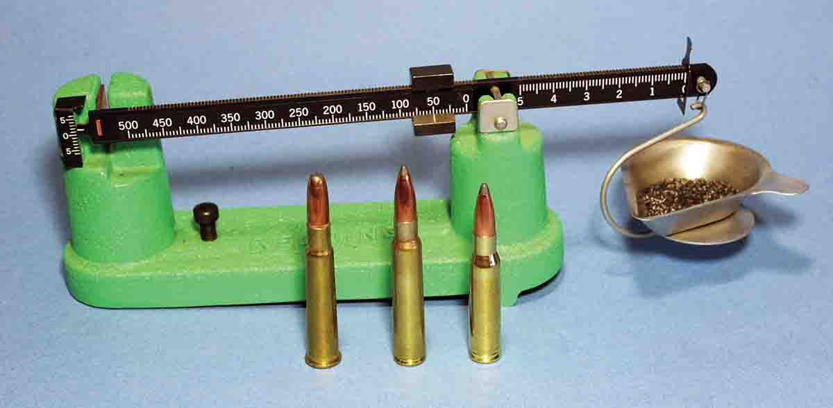The 7.7x58 Arisaka’s (center) powder capacity with 174-and 180-grain bullets is very similar to the .303 British (left) and .308 Winchester (right).